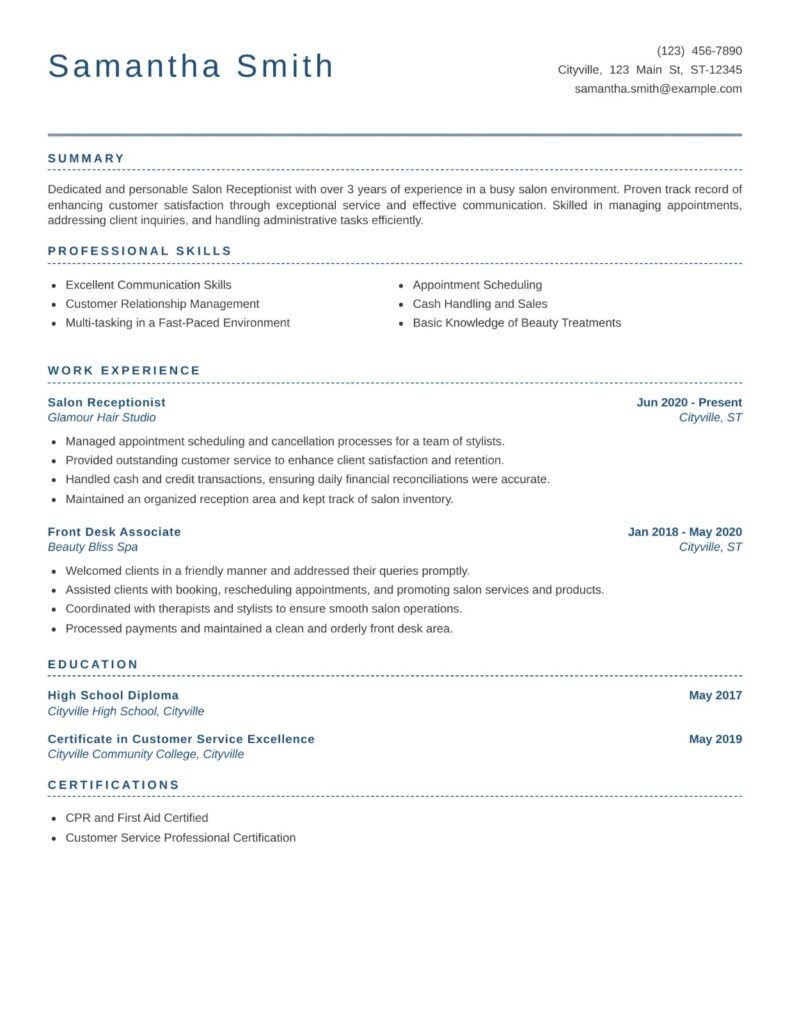 Salon Receptionist Resume template example featuring an ATS-friendly layout highlighting front desk operations, appointment scheduling, customer service, administrative skills, and professional experience.