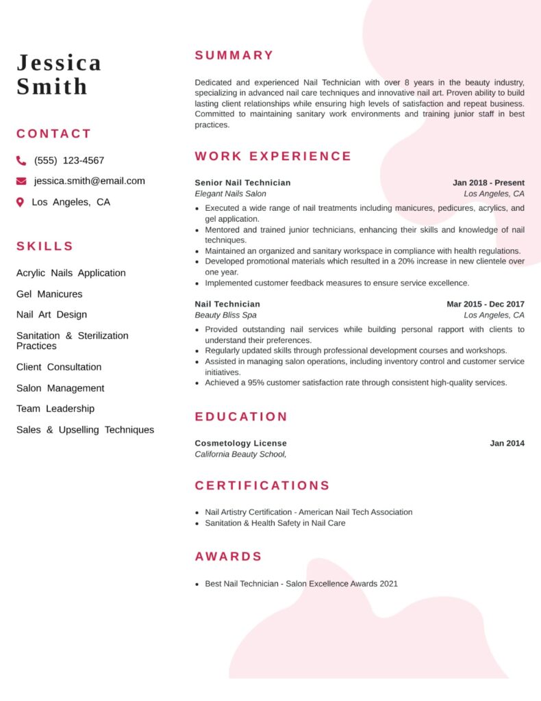 Senior-level Nail Tech Resume template showcasing an ATS-friendly professional layout highlighting leadership experience, advanced nail care expertise, certifications, and career achievements.