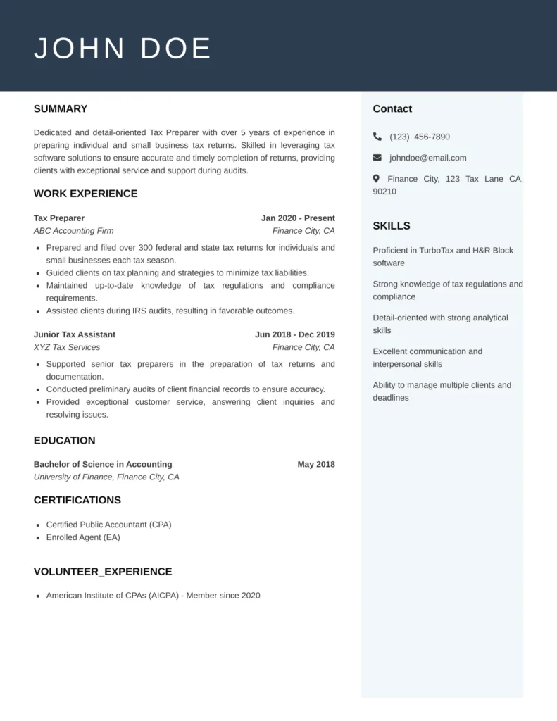 Tax Preparer resume templates featuring tax return preparation, tax compliance, deductions, and client financial services.