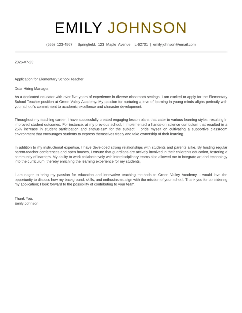 Teacher cover letter example highlighting teaching experience, classroom management, subject expertise, and student engagement.