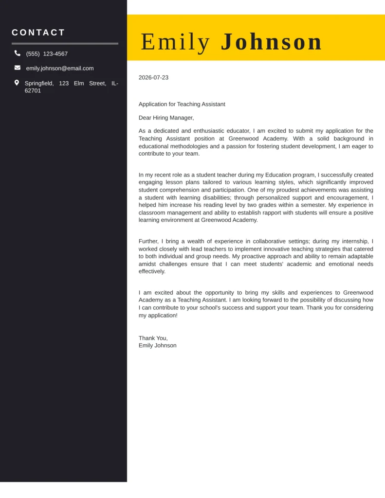 Teaching Assistant cover letter example highlighting classroom support, student assistance, lesson preparation, and communication skills.