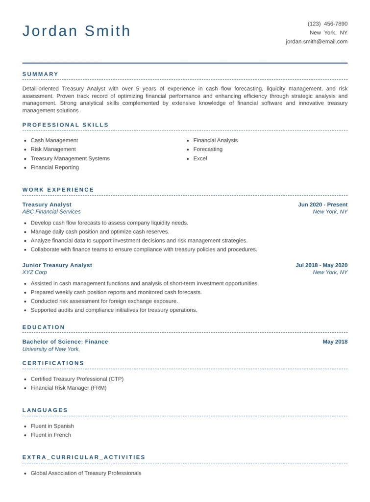Treasury Analyst resume templates showcasing cash flow management, liquidity planning, treasury operations, and financial forecasting.
