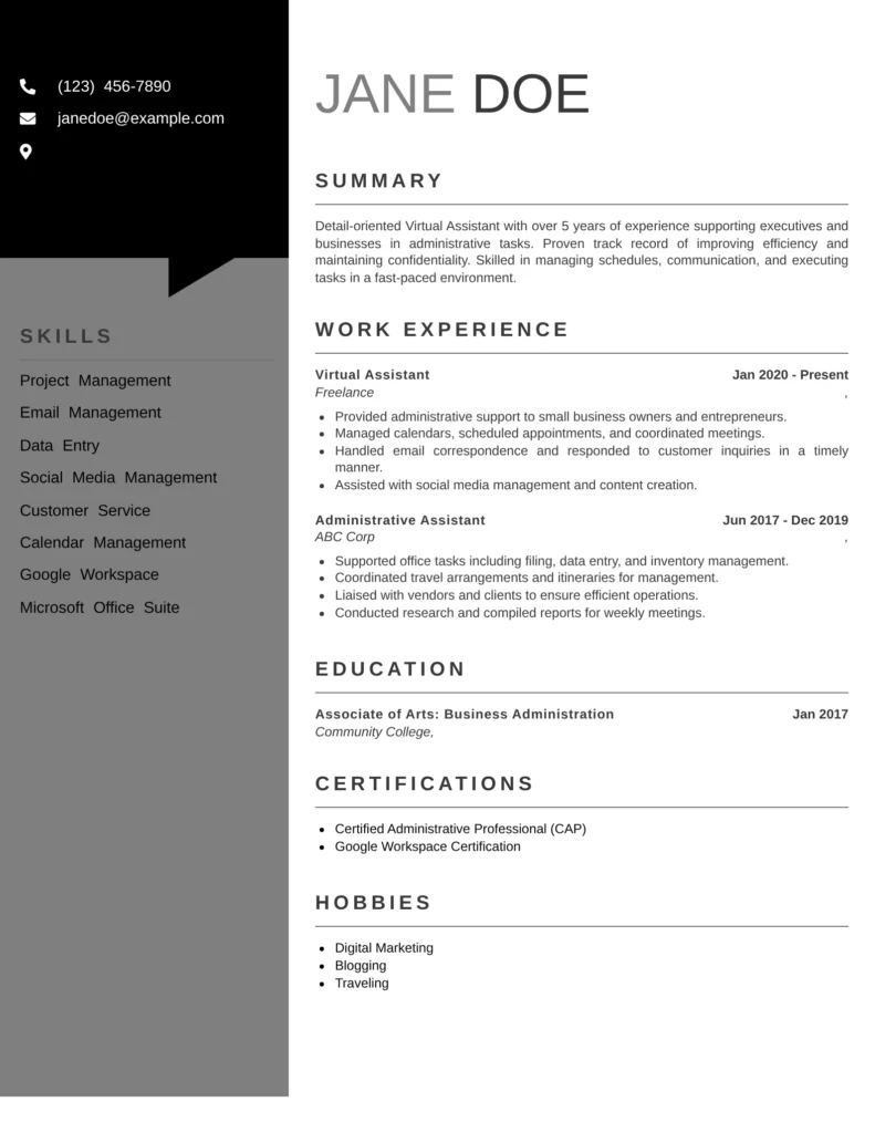 Virtual Assistant resume example featuring an ATS-friendly resume format with remote work experience, calendar management, email handling, Google Workspace, and administrative skills.