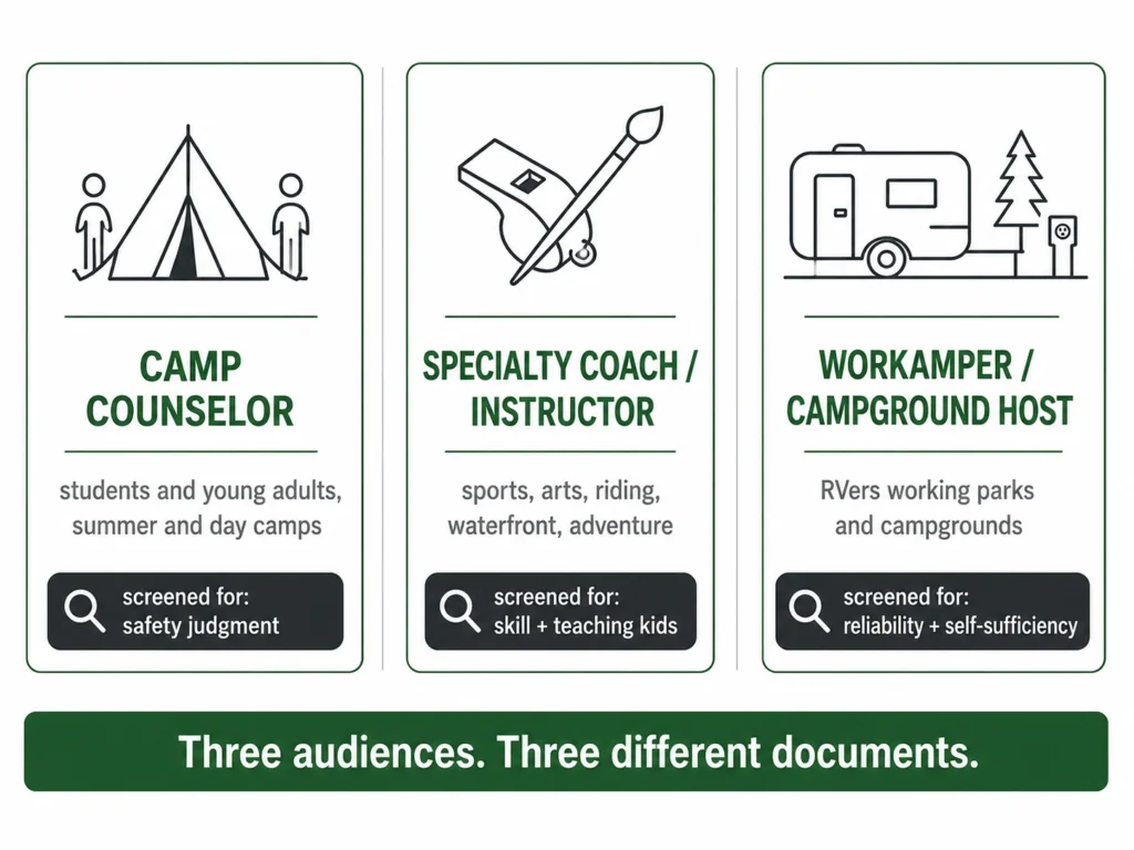 Comparison of camp counselor, specialty coach or instructor, and workamper or campground host resumes, highlighting different audiences, responsibilities, skills, and hiring priorities.