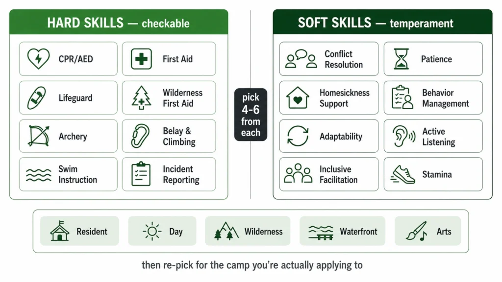 Camp counselor hard and soft skills for a resume, including CPR and AED, First Aid, lifeguarding, Wilderness First Aid, archery, climbing, conflict resolution, patience, adaptability, behavior management, and active listening.