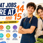 What Jobs Hire At 14 And 15 – featured image showing teenagers ready for work with job opportunities in retail, food service, outdoor work, online jobs, creative roles, delivery, and tutoring.