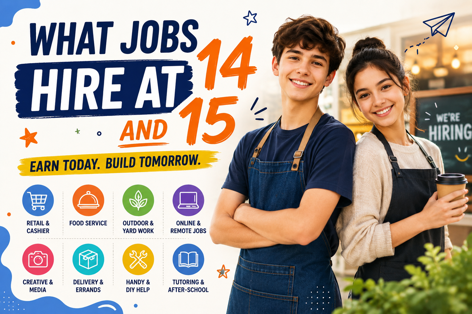 What Jobs Hire At 14 And 15 – featured image showing teenagers ready for work with job opportunities in retail, food service, outdoor work, online jobs, creative roles, delivery, and tutoring.