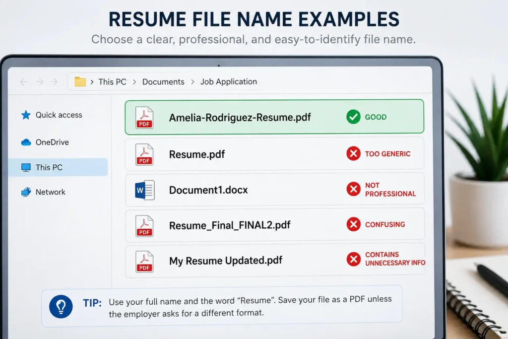 How To Name Resume File examples showing a professional resume file name and common naming mistakes to avoid when saving a resume.