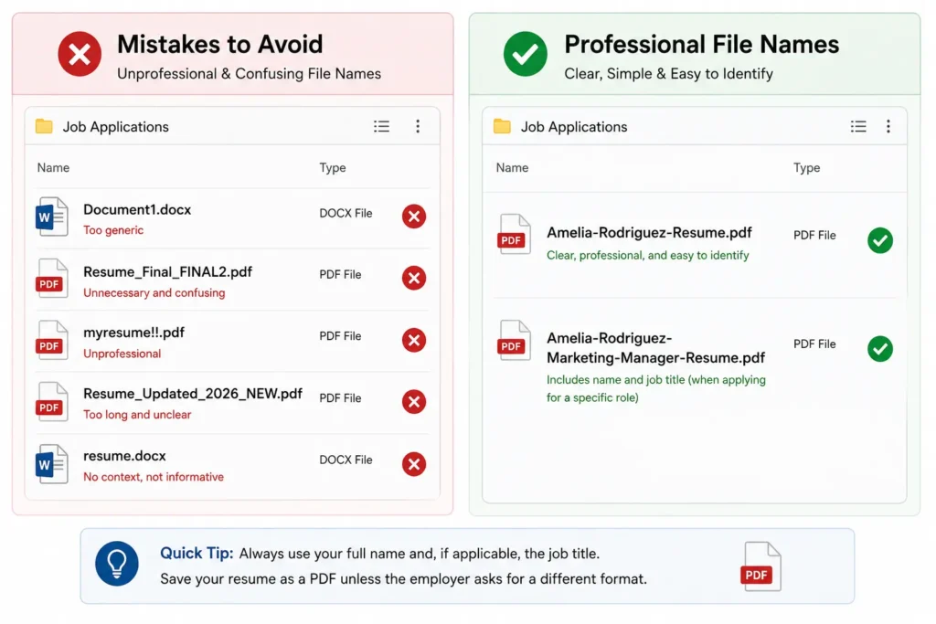 How To Name Resume File guide comparing unprofessional and confusing resume file names with clear, professional file name examples for job applications.