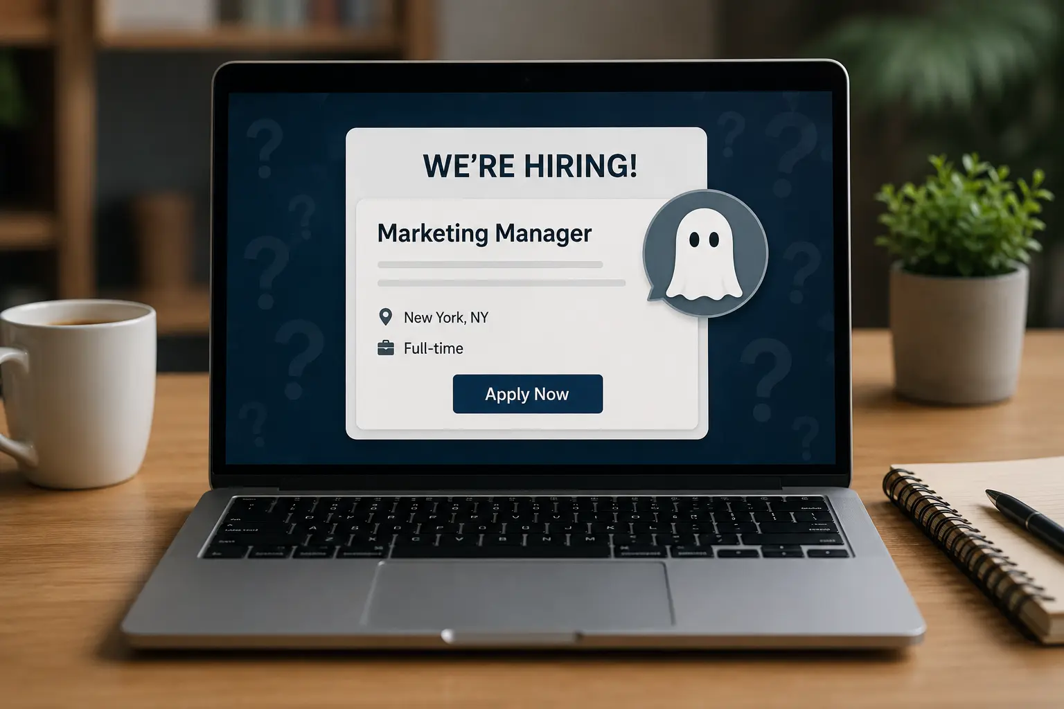 Example of a ghost job listing displayed on a laptop, illustrating an advertised position that may not represent an active hiring opportunity.