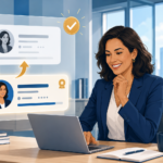 Professional updating her LinkedIn profile to display a recent promotion