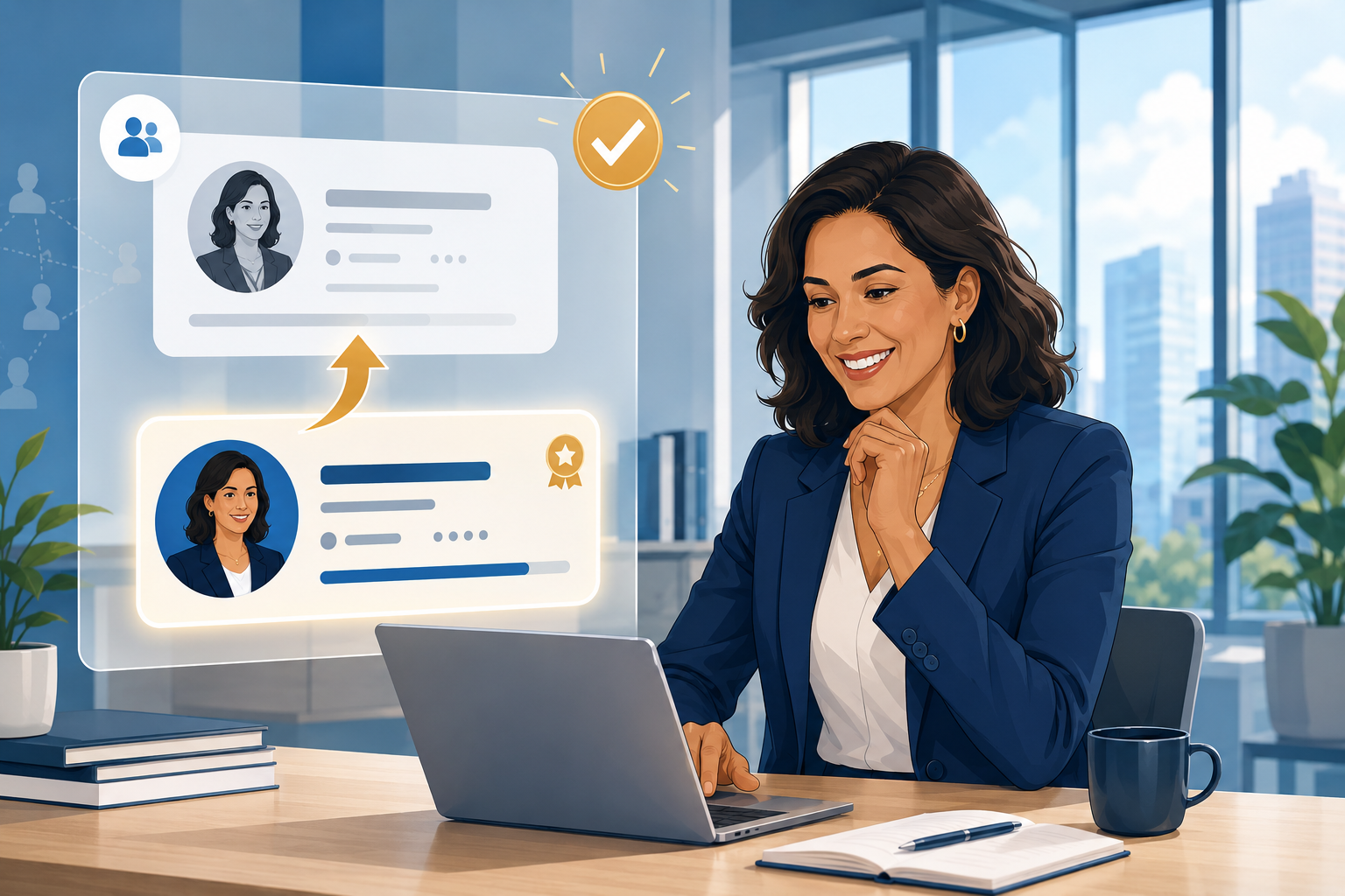 Professional updating her LinkedIn profile to display a recent promotion
