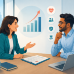 A job candidate discussing a salary offer and employee benefits with a hiring manager in a modern office.