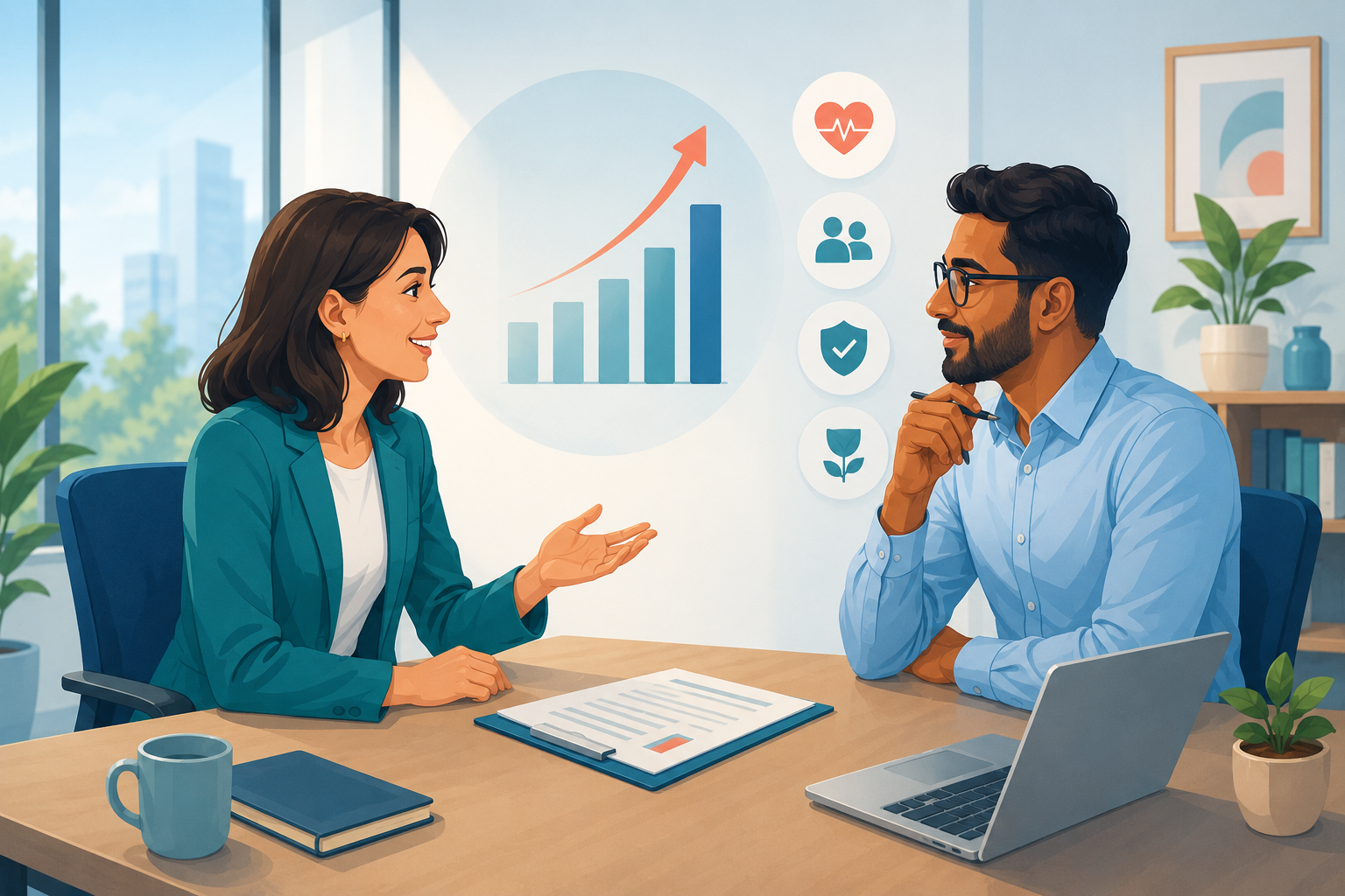A job candidate discussing a salary offer and employee benefits with a hiring manager in a modern office.