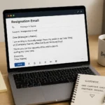 How to write a resignation email professionally, shown on a laptop with a resignation email template, handover checklist, coffee mug, and goodbye notebook.