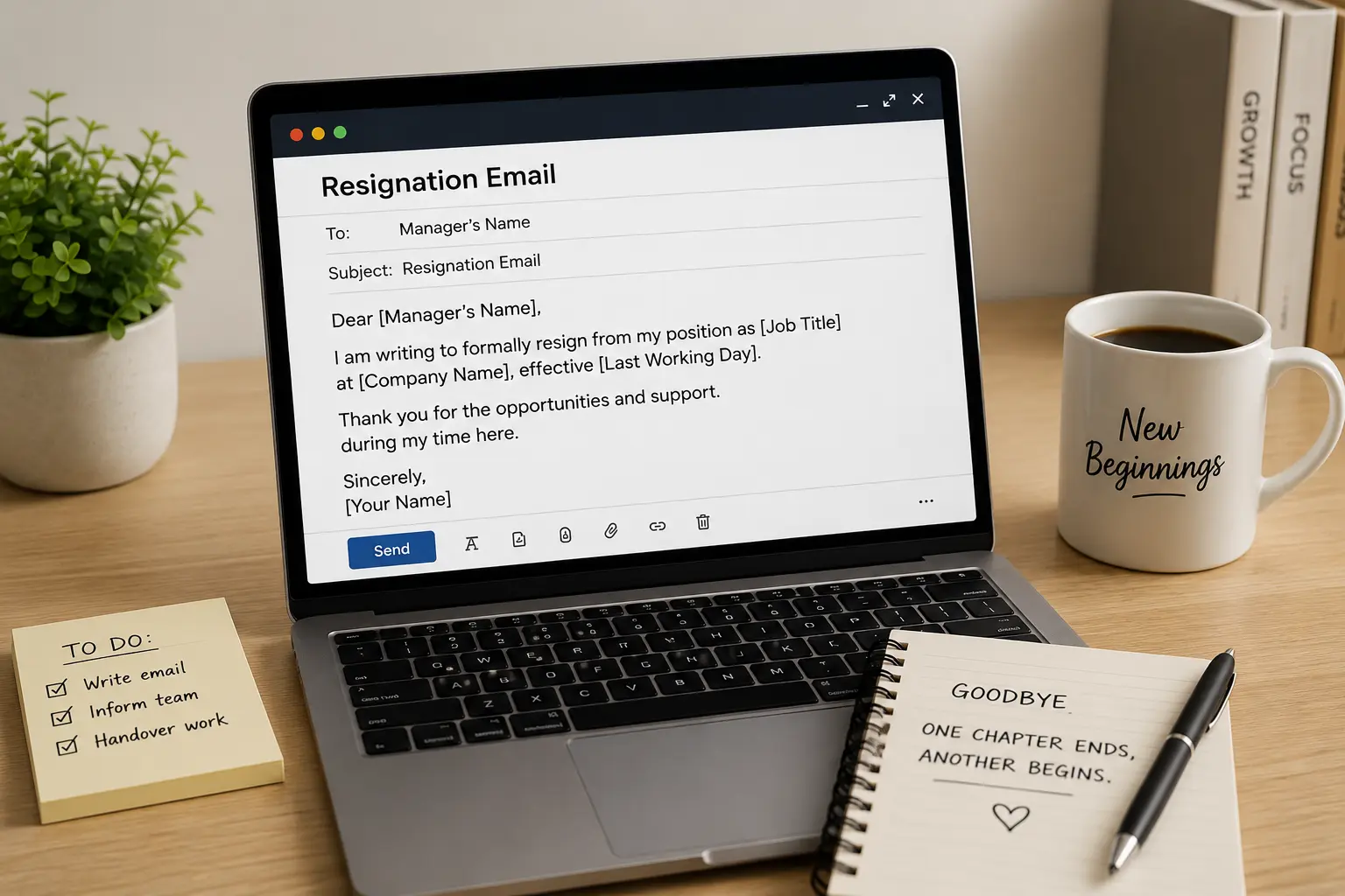 How to write a resignation email professionally, shown on a laptop with a resignation email template, handover checklist, coffee mug, and goodbye notebook.