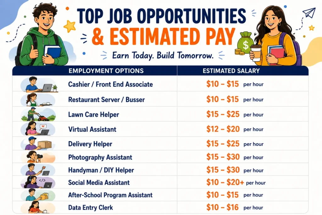 What Jobs Hire At 14 And 15 – infographic showing top teen job opportunities and estimated hourly pay for roles such as cashier, restaurant server, lawn care helper, virtual assistant, photography assistant, and data entry clerk.