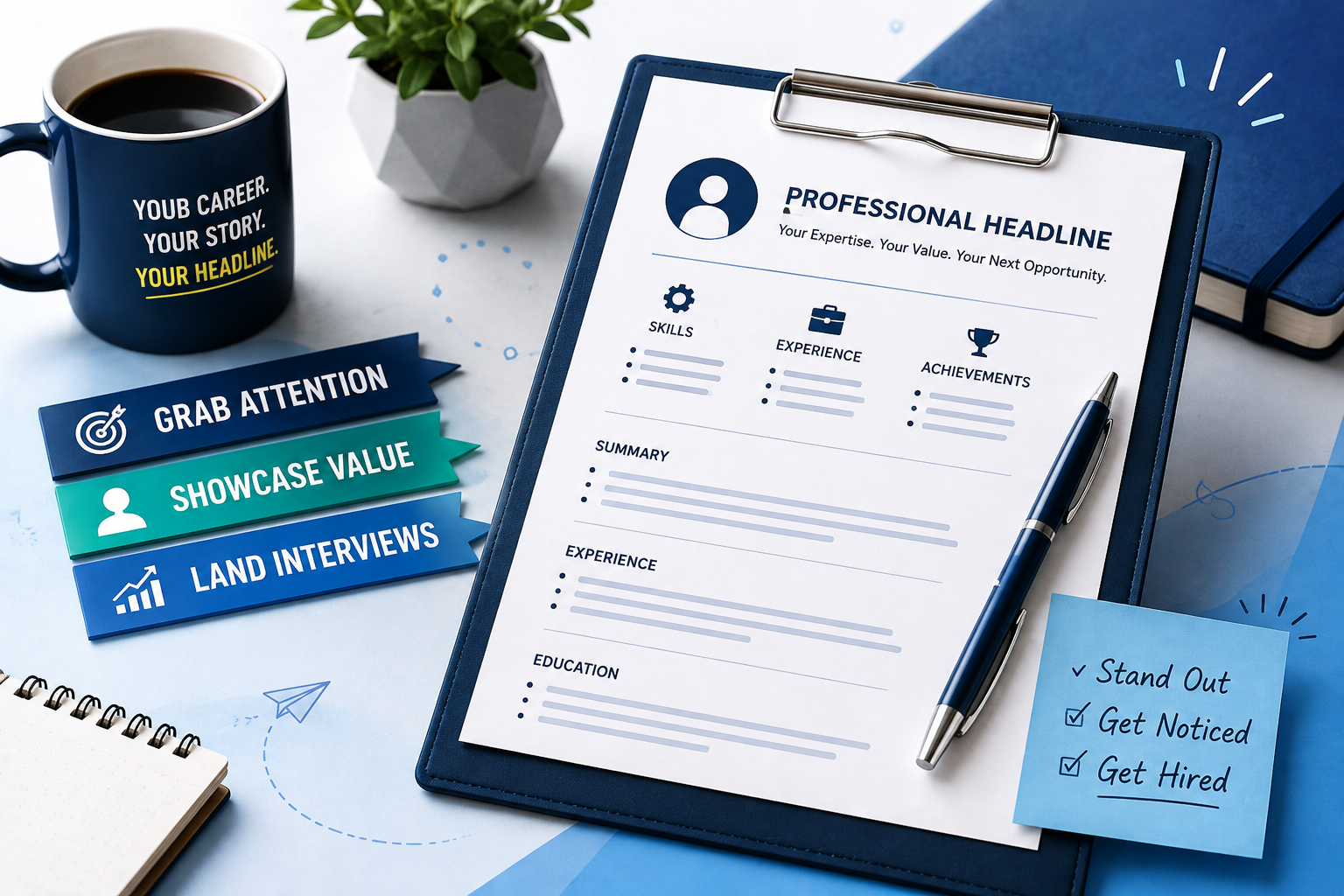Headline for resume featured image showing a professional resume layout with skills, experience, achievements, and career-focused elements