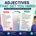 Resume adjectives infographic showing how to replace generic resume adjectives with specific, measurable, relevant, and impactful achievements.