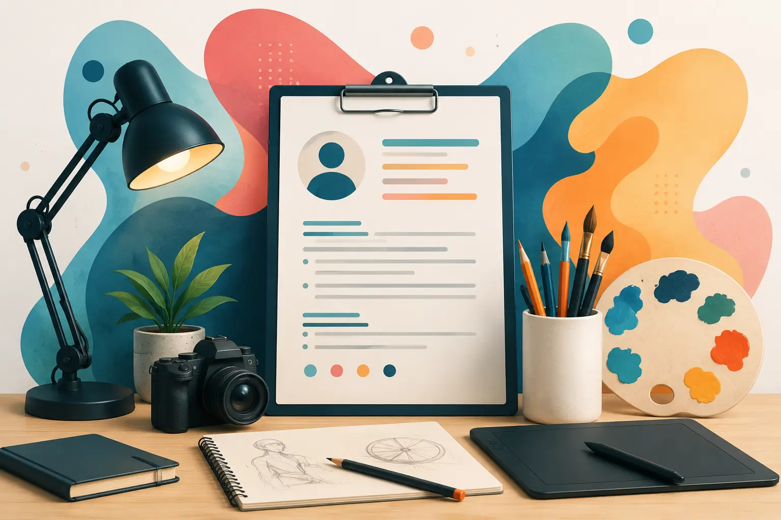 Creative professional working at a desk with design tools, sketches, color palettes, and a laptop