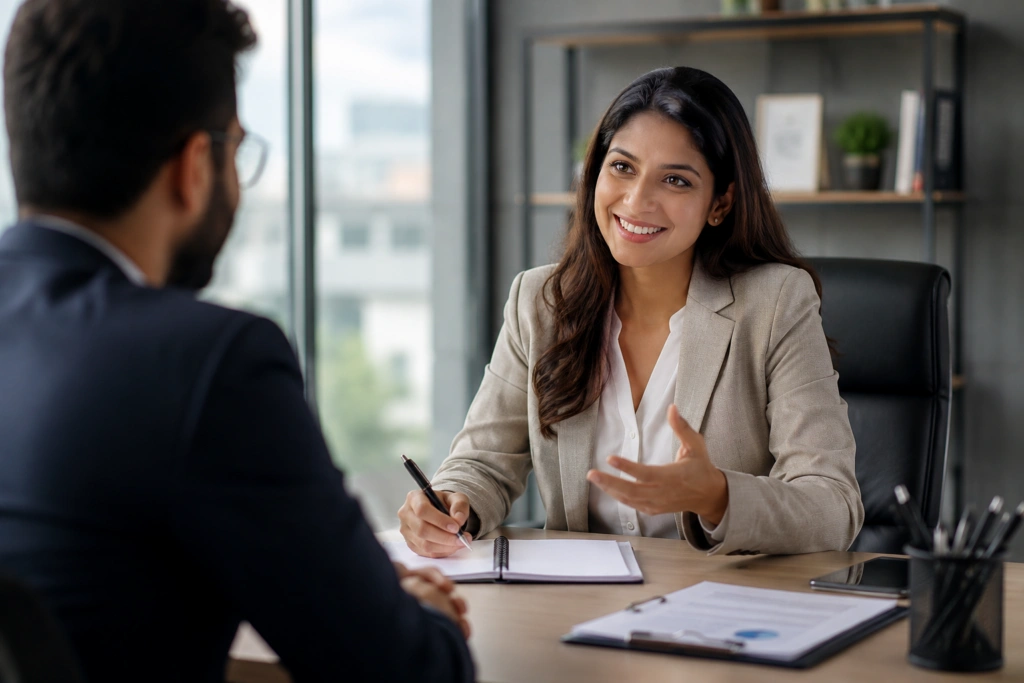 Signs You Will Get The Job After Interview – recruiter showing positive body language and active engagement while speaking with a candidate during a professional job interview.