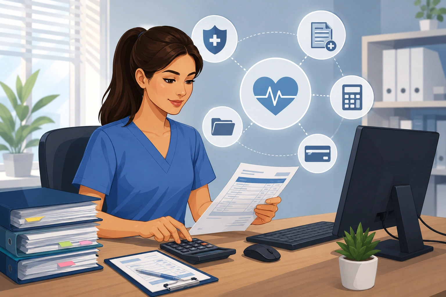 Professional medical biller reviewing healthcare billing documents while using a computer and calculator in a medical office