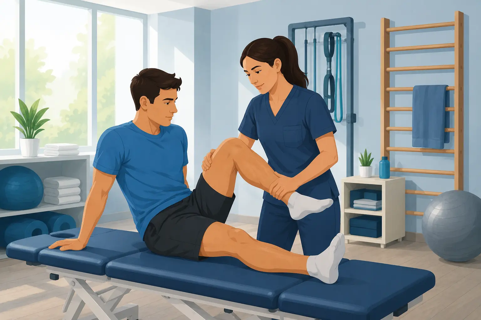 Physical therapist helping a patient with a leg rehabilitation exercise in a therapy clinic