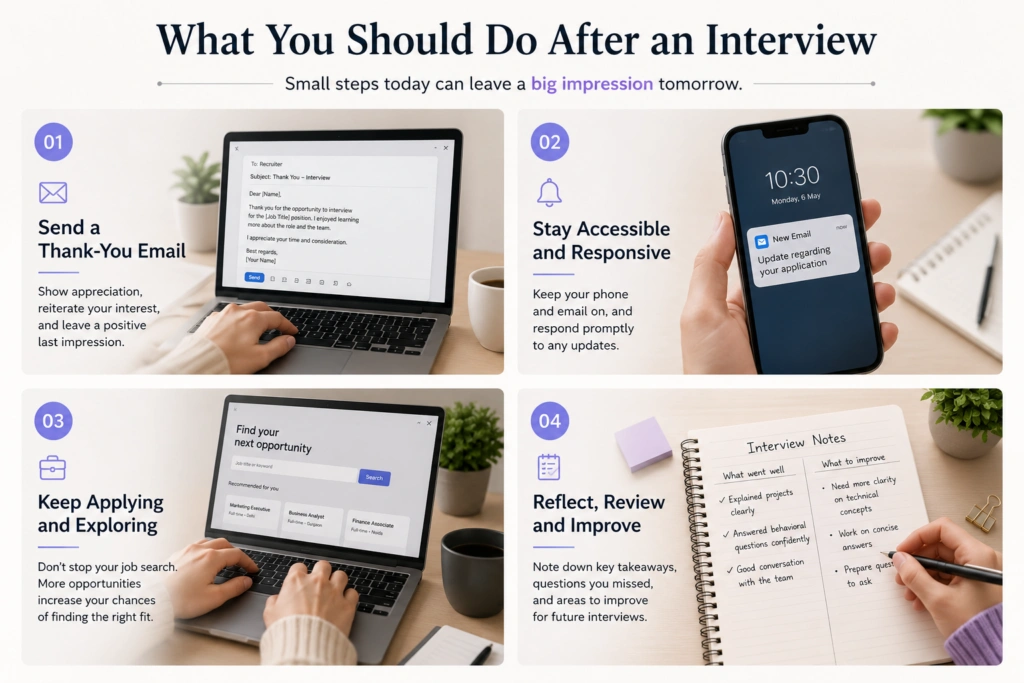 Signs You Will Get The Job After Interview – infographic showing what to do after an interview, including sending a thank-you email, staying responsive, continuing the job search, and reviewing interview notes.