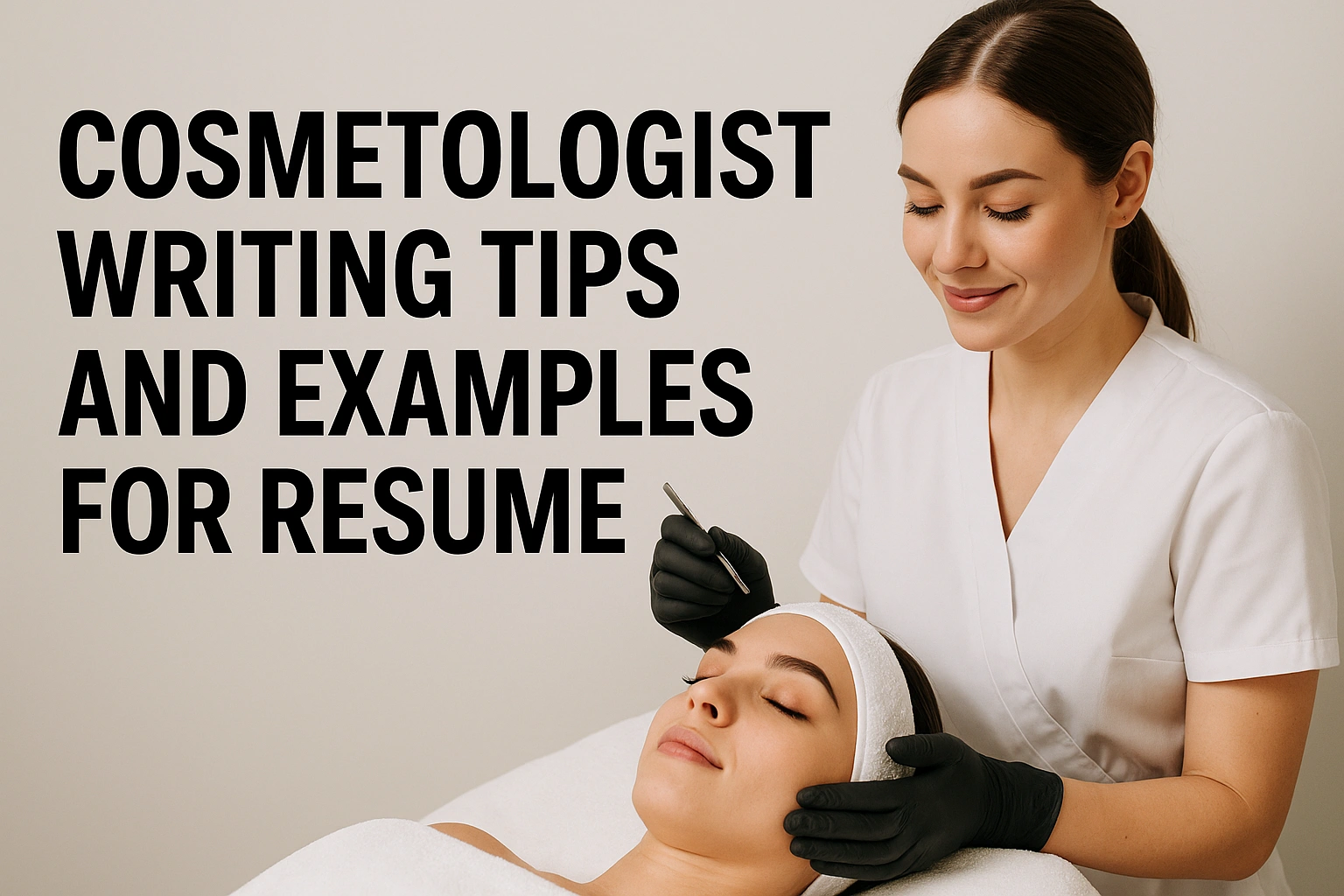 A professional cosmetologist in a white uniform shaping a client’s eyebrows with precision tools, used as a featured image for an article on cosmetologist resume writing tips.