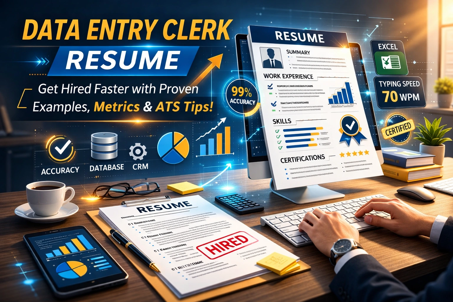 Data Entry Clerk Resume displayed on laptop with accuracy metrics, typing speed, and ATS optimized layout.