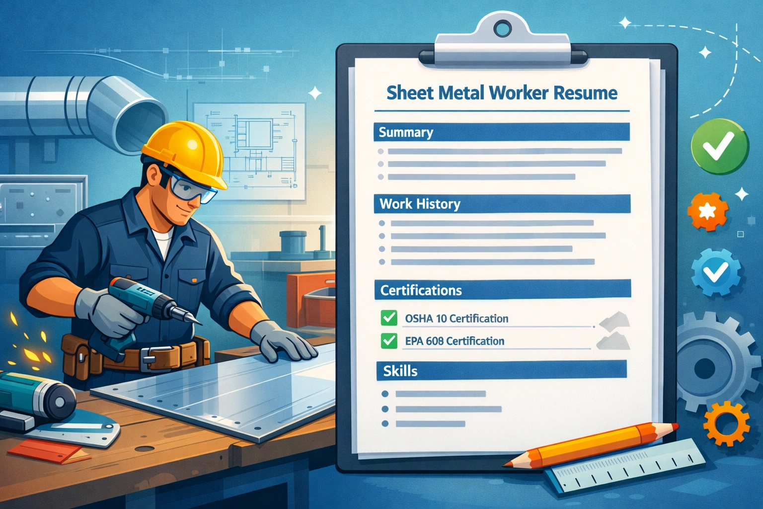 Sheet Metal Worker Resume Examples showing an animated sheet metal professional working with metal panels beside a structured resume highlighting skills, work history, and certifications
