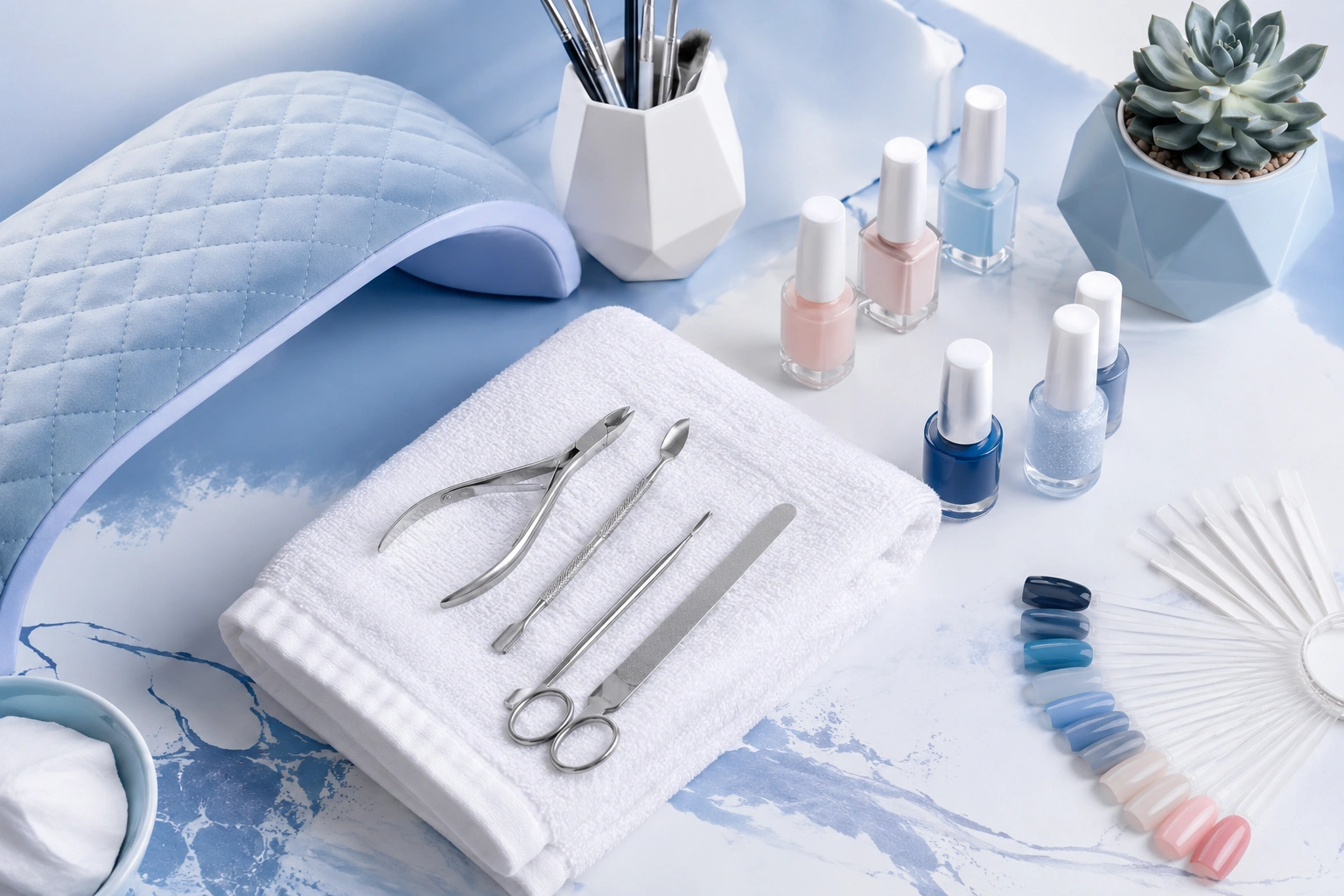 Professional featured image for a Nail Technician Resume article showing a clean blue and white salon workspace with manicure tools, nail polish bottles, nail color swatches, and neatly arranged equipment representing nail care, beauty services, hygiene, and professionalism.