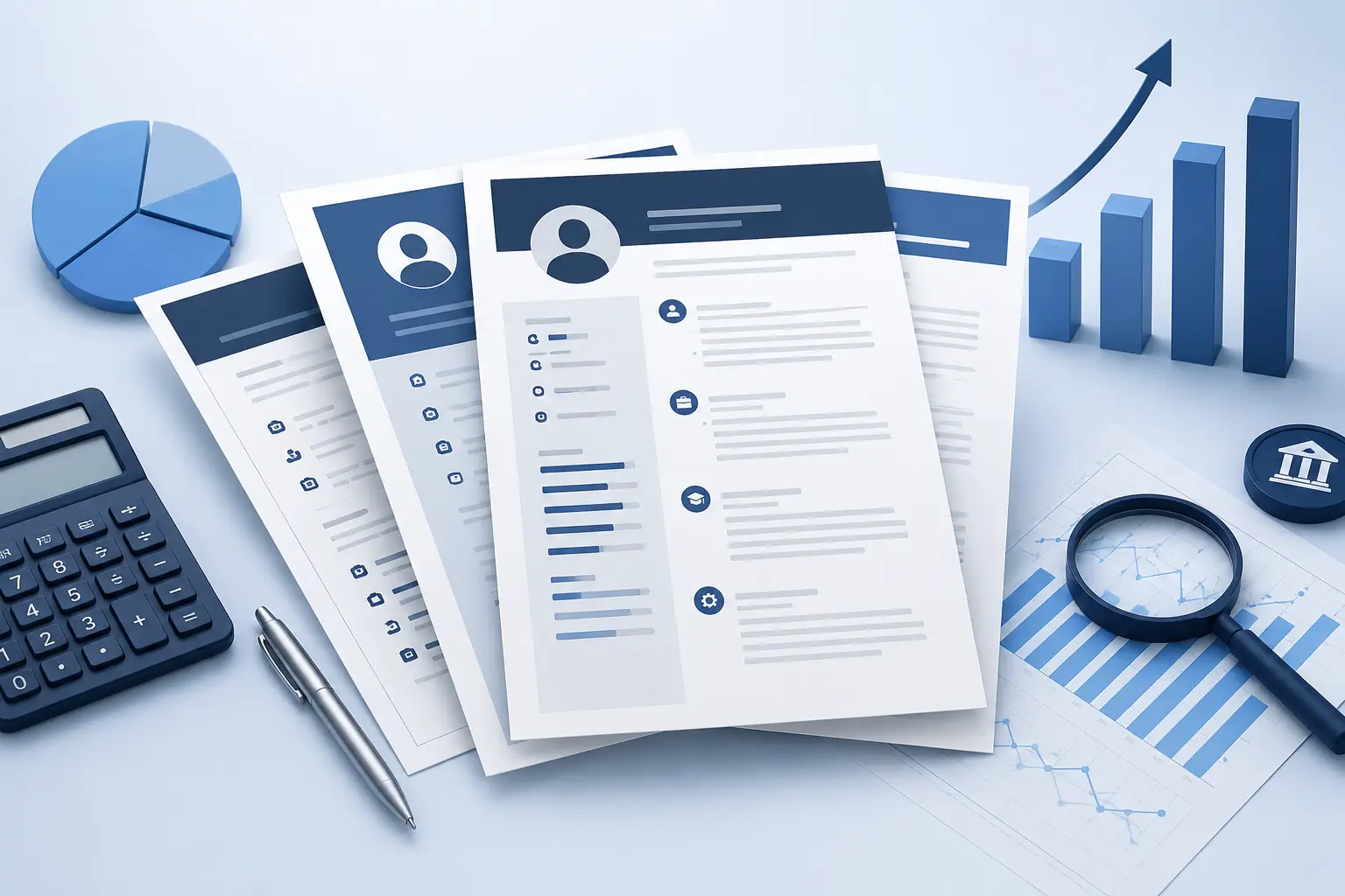 Professional finance resume templates featuring a modern ATS-friendly resume layout with financial charts, calculator, and business elements in a blue and white color scheme.