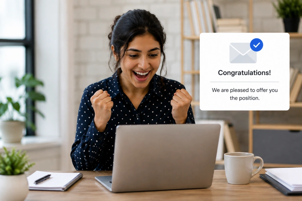Signs You Will Get The Job After Interview – happy job candidate receiving a successful job offer notification after completing the interview process.