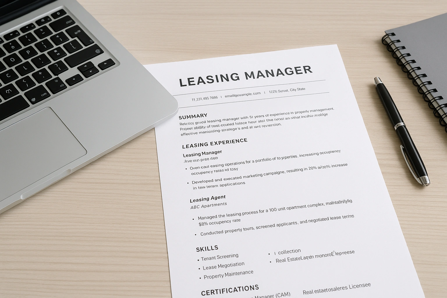 A leasing manager resume placed on a light wooden desk alongside a laptop, a black pen, and a spiral notebook. The resume layout includes sections for summary, leasing experience, skills, and certifications. The clean, professional setting suggests a workspace used for job applications or document review.