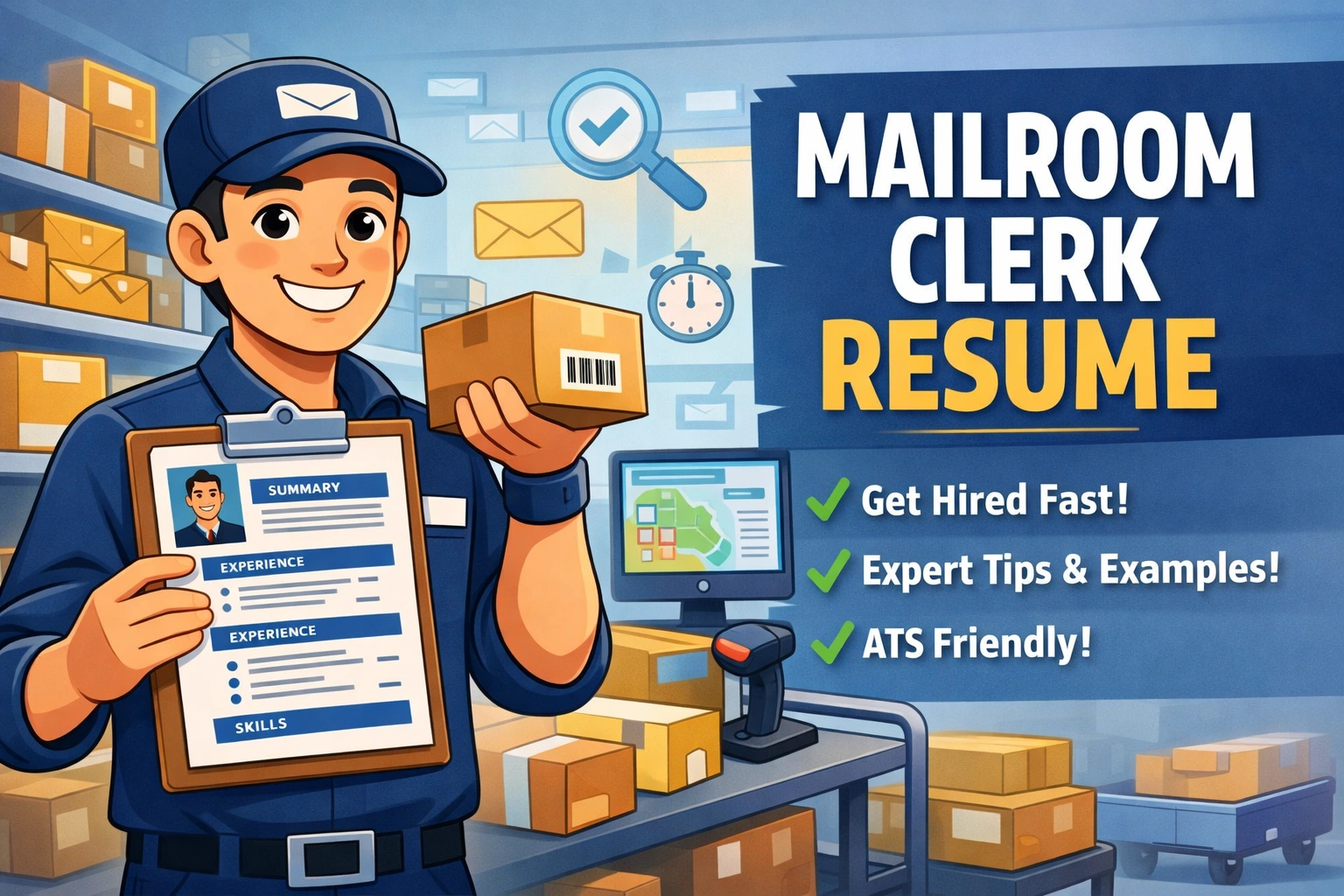 Mailroom clerk holding a resume in a busy office mailroom with packages and envelopes representing a professional mailroom clerk resume example.