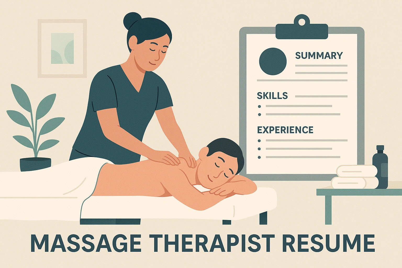A minimalist illustration of a massage therapist giving a back massage to a client while a large clipboard displaying a resume layout stands beside them, surrounded by soft lighting, plants, towels, and wellness-related items.