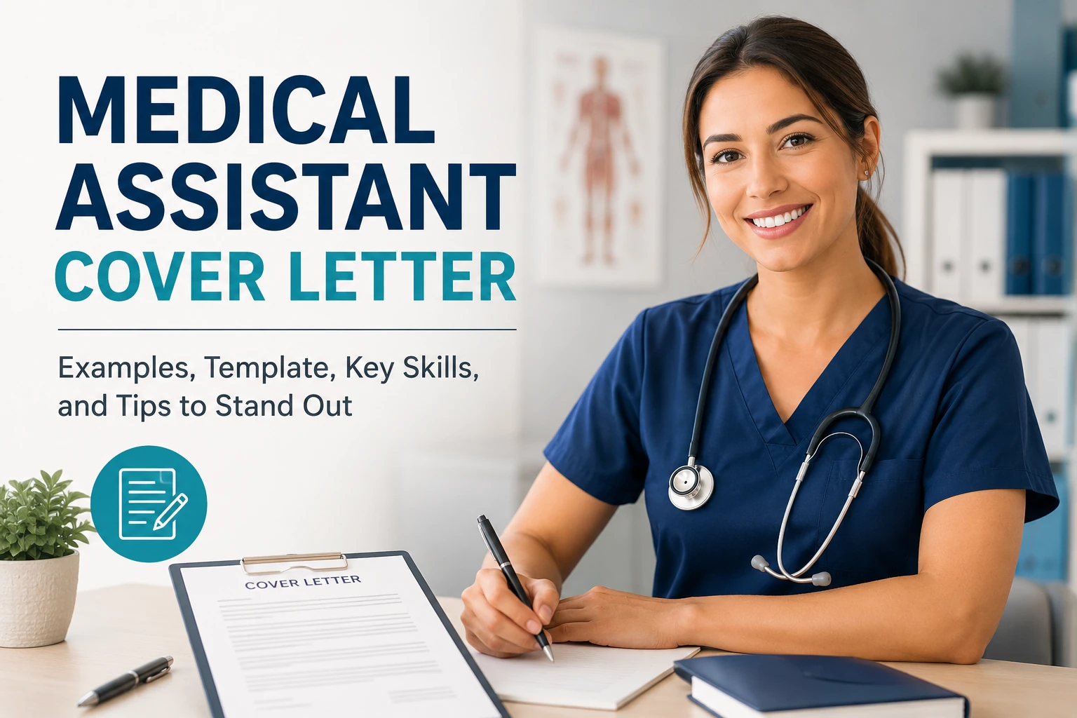 Medical assistant cover letter examples and writing guide featuring a healthcare professional with a cover letter