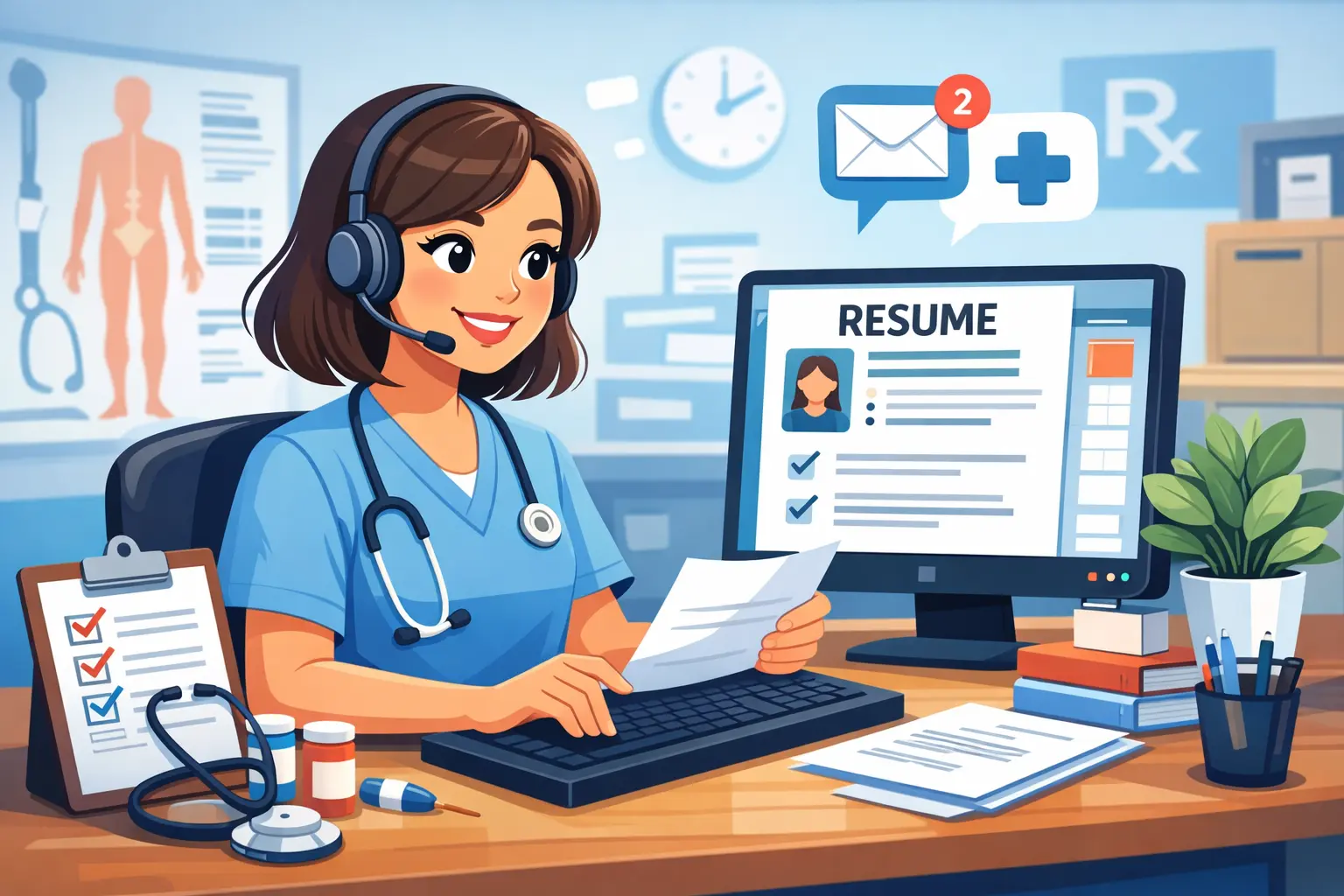 Medical Secretary Resume illustration showing healthcare administrator reviewing a professional medical secretary resume in a clinic office.