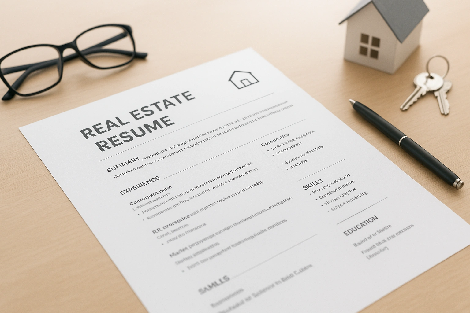 A neatly arranged real estate resume placed on a light wooden desk, with black-framed glasses, a black pen, a small model house, and a set of house keys in the background. The layout highlights sections like summary, experience, skills, and education.
