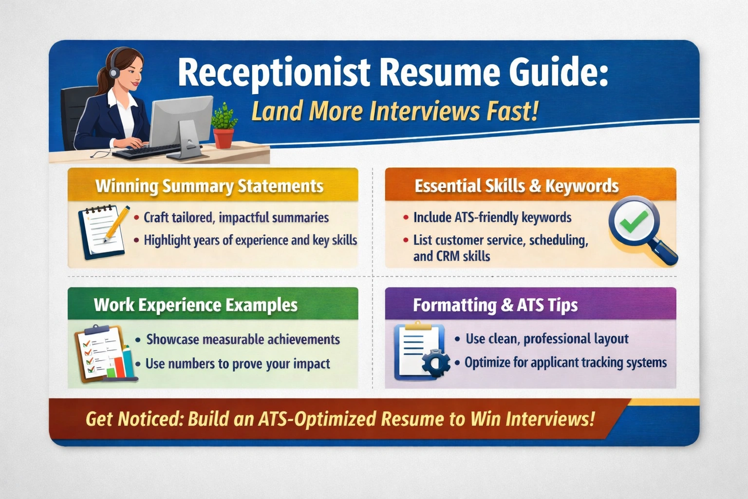 Animated infographic of a receptionist resume guide highlighting ATS keywords, summary tips, measurable achievements, and formatting strategies for job success.