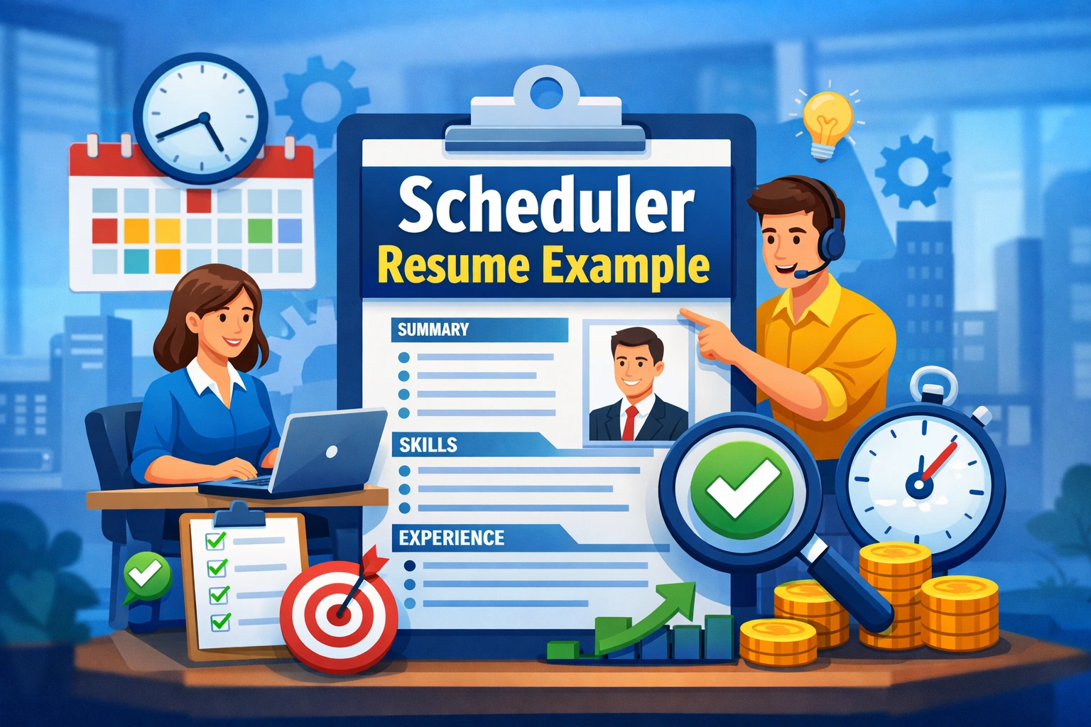 Scheduler resume example illustration showing professionals reviewing a structured resume with clocks, charts, and performance metrics