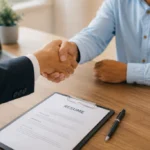 Job candidate shaking hands with an interviewer after a successful interview with a resume on the table