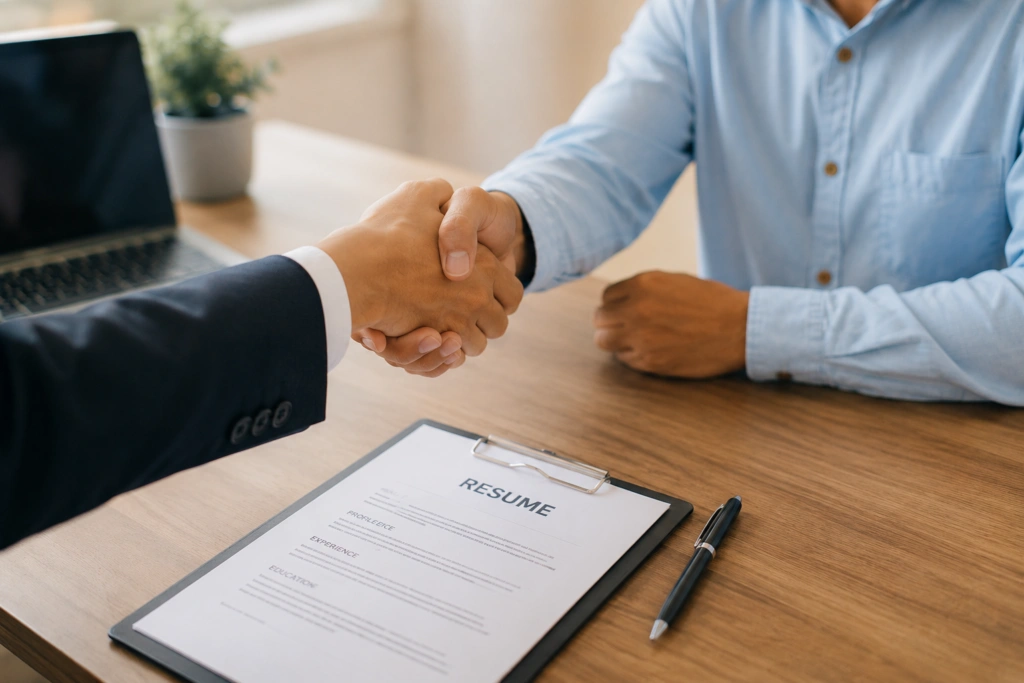 Job candidate shaking hands with an interviewer after a successful interview with a resume on the table