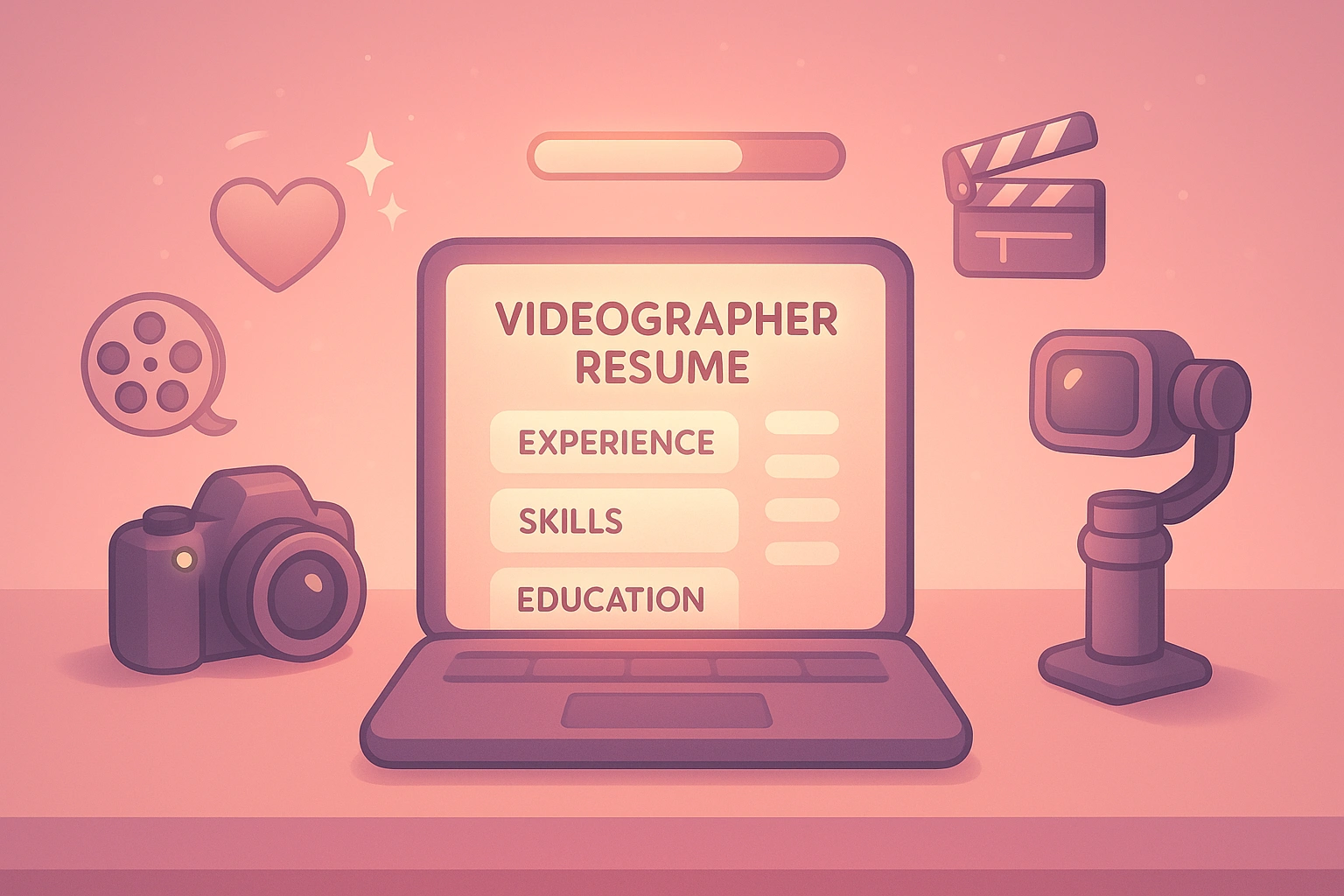 An illustrated graphic showing a laptop displaying a videographer resume with sections for experience, skills, and education, surrounded by camera equipment and filmmaking icons in soft pink tones.