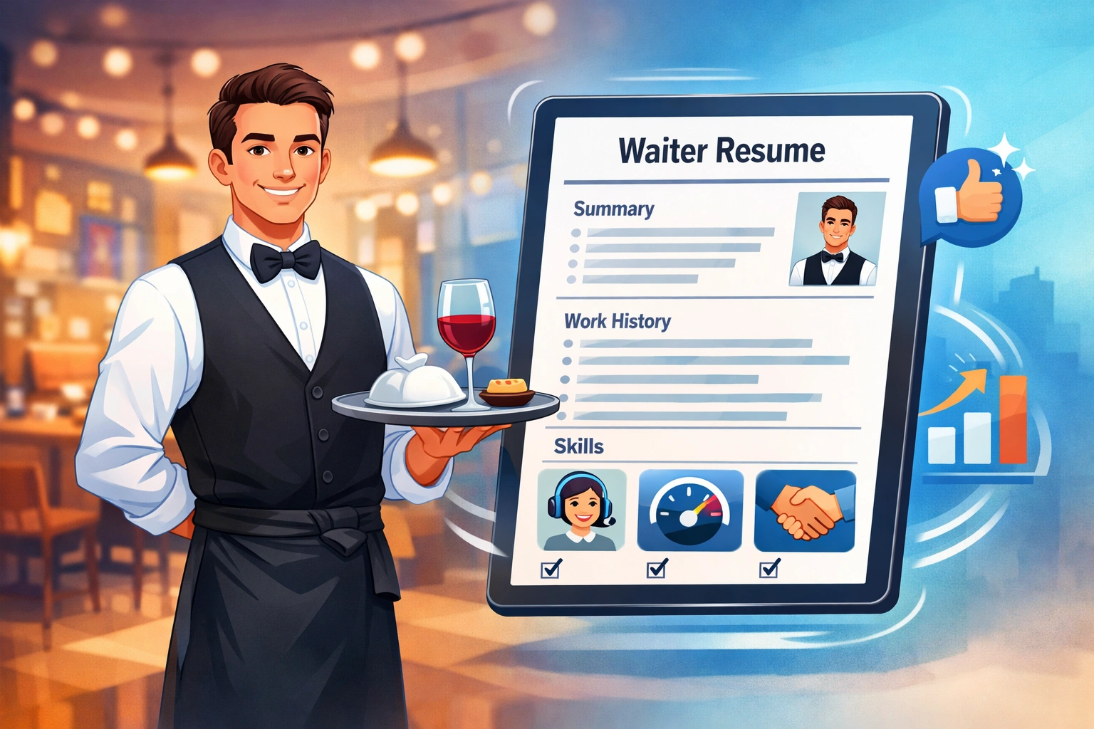 Waiter Resume Examples showing an animated professional waiter holding a tray beside a modern resume layout highlighting summary, work history, and skills