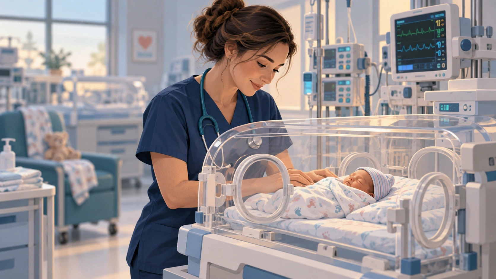 NICU nurse caring for a newborn in a neonatal intensive care unit