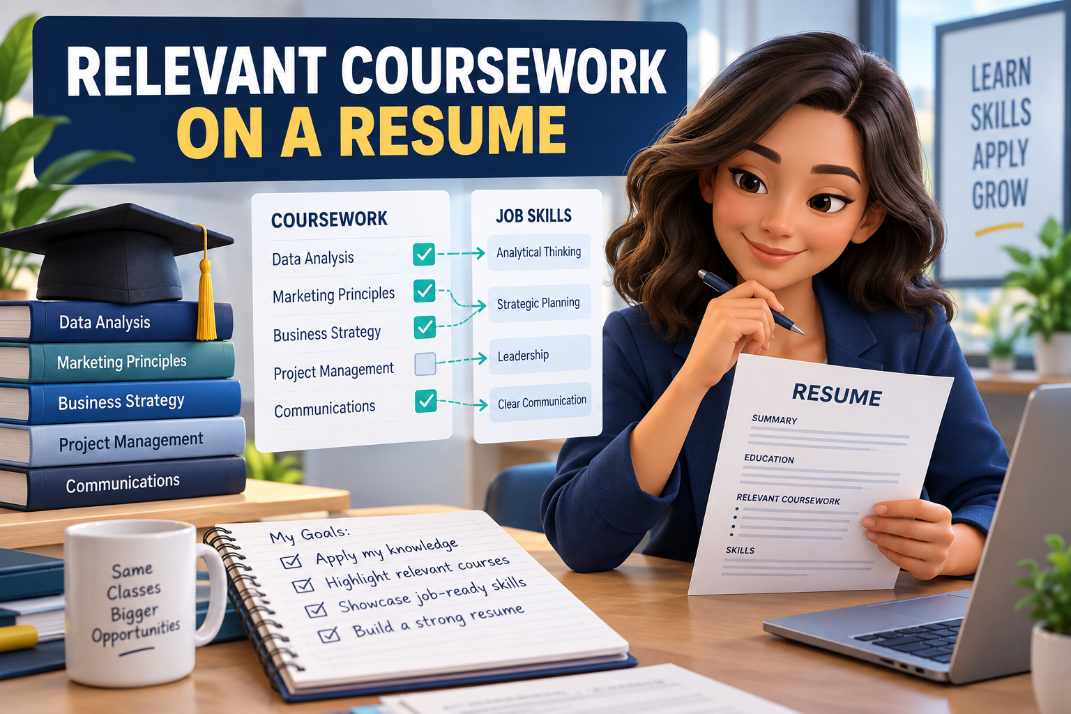 Graduate selecting relevant college coursework and matching courses with job skills for a professional resume.