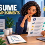 professional reviewing accomplishment-focused resume statements with achievement icons and a growth chart.