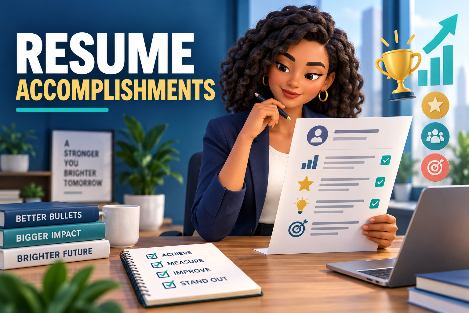 professional reviewing accomplishment-focused resume statements with achievement icons and a growth chart.